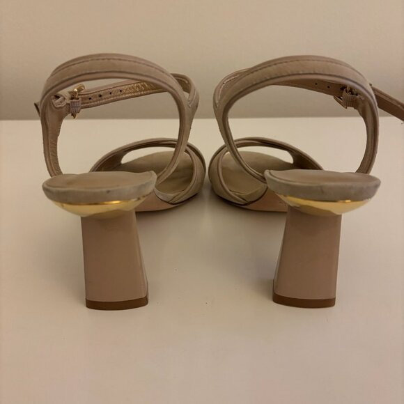 Stuart Weitzman Suede Cross Front Sandals with Sculpted Gold Trim Heel - Picture 3 of 8